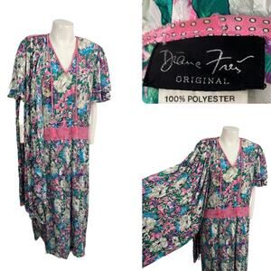 Vintage 1980s Diane Freis Floral Beaded Dress / Women’s Large *